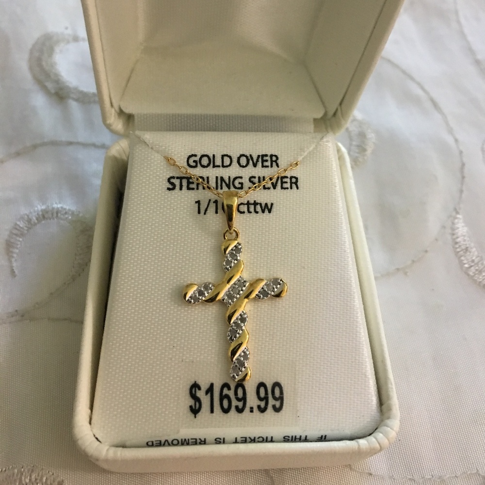 Gold Over Silver 1/10 CTTW Diamond Cross Pendant